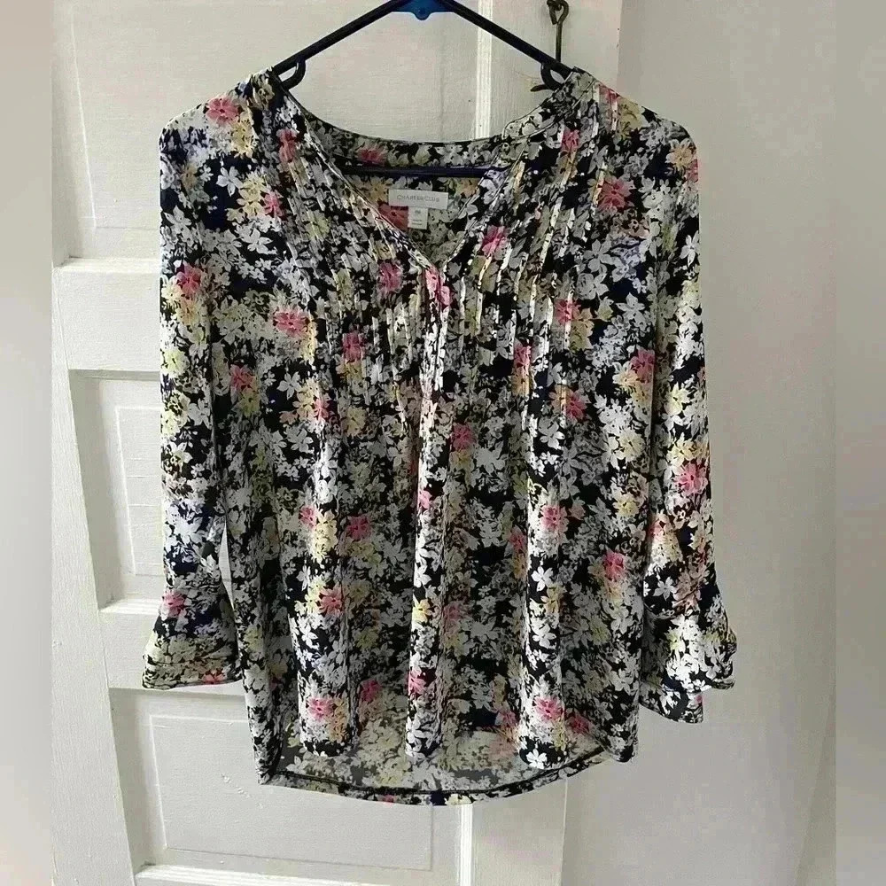 Charter Club Blouse Womens Petite Medium Black Floral Pintuck V-Neck Bell Sleeve